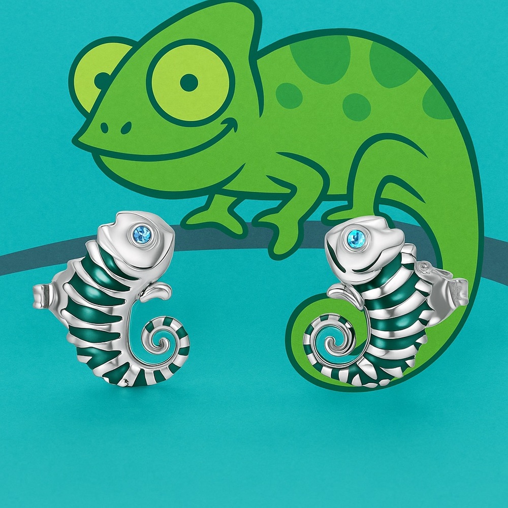 Chameleon Silver Color Changing Earrings With Blue Rhinestone Eyes